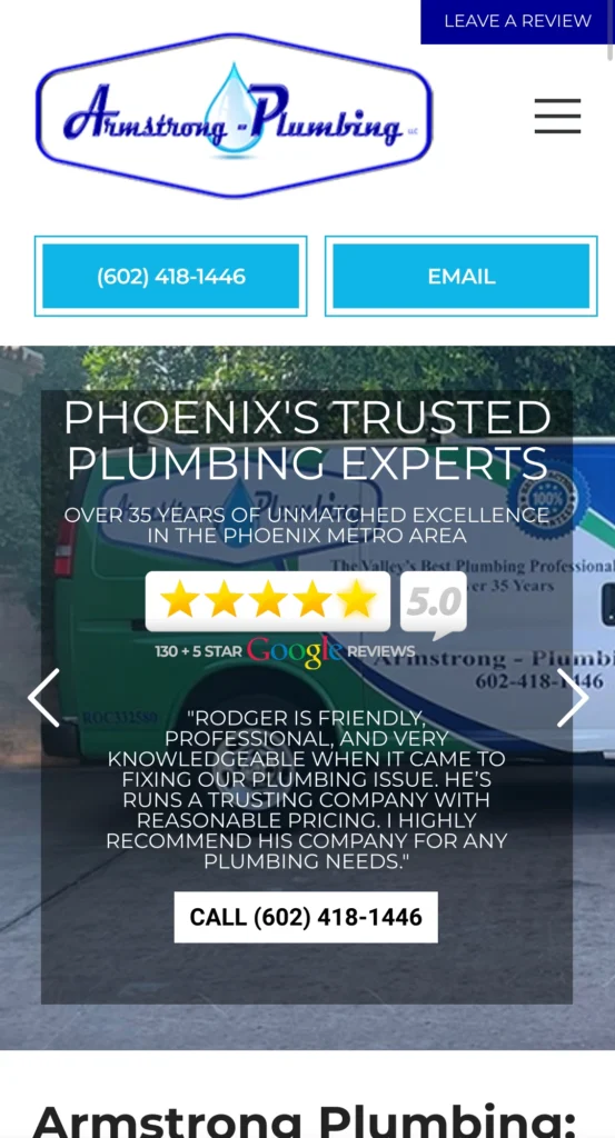 Mobile view of Armstrong Plumbing's new website, highlighting responsive design and mobile-friendly navigation.